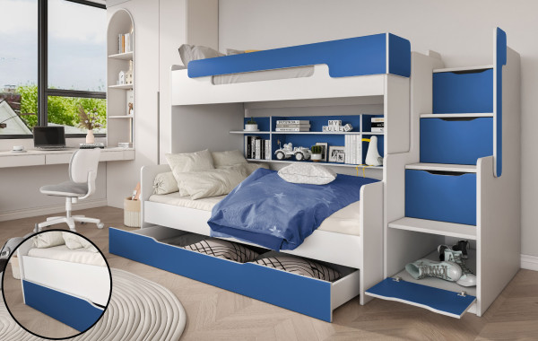 Etagenbett HARRY mit Stauraum-Treppen in blau