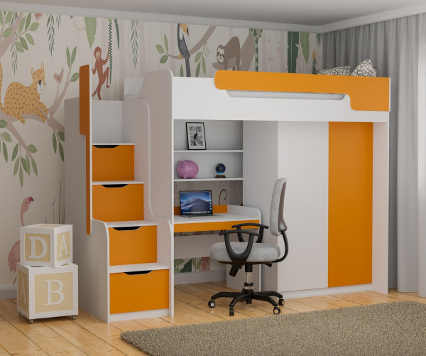 Hochbett DORIAN mit Schreibtisch und Schrank in orange