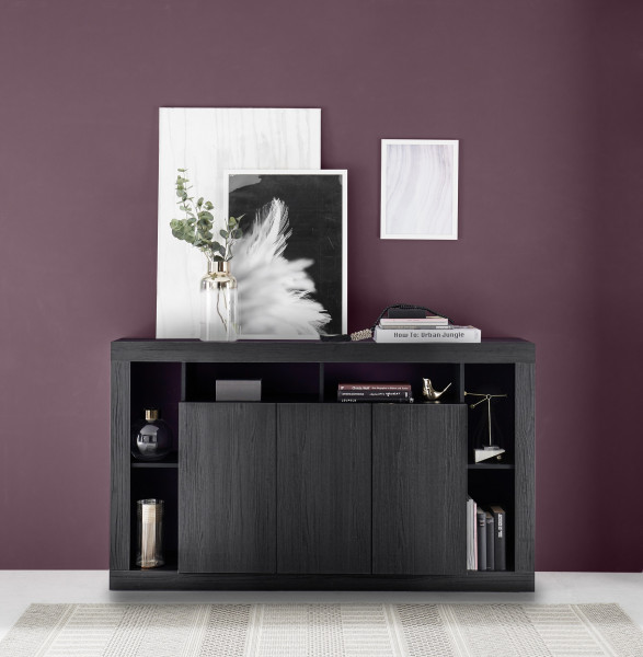 Sideboard RIMINI Schwarz Melamin Holzstruktur, 3 Türen