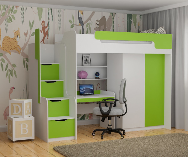 Hochbett DORIAN mit Schreibtisch und Schrank in grün