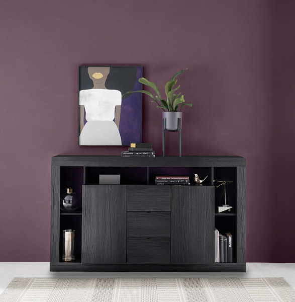 Sideboard RIMINI schwarz Melamin Holzstruktur, 2 Türen und Schubladen