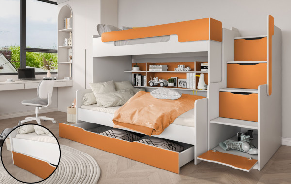 Etagenbett HARRY mit Stauraum-Treppen in orange