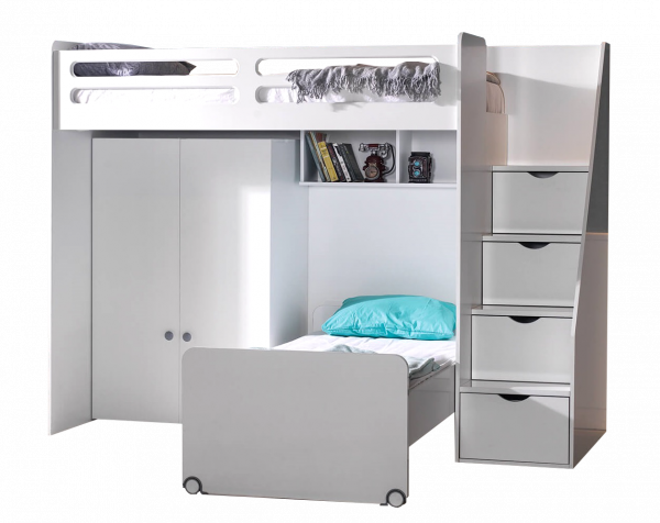 Etagenbett SMART mit Kleiderschrank und Treppe