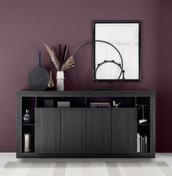 Sideboard RIMINI Schwarz Melamin Holzstruktur, 4 Türen