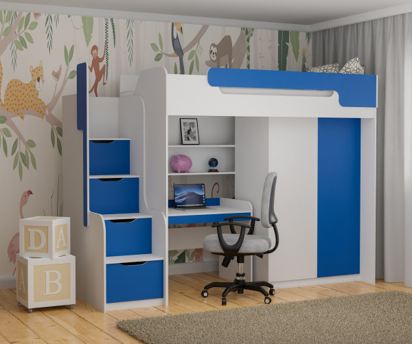 Hochbett DORIAN mit Schreibtisch und Schrank in blau